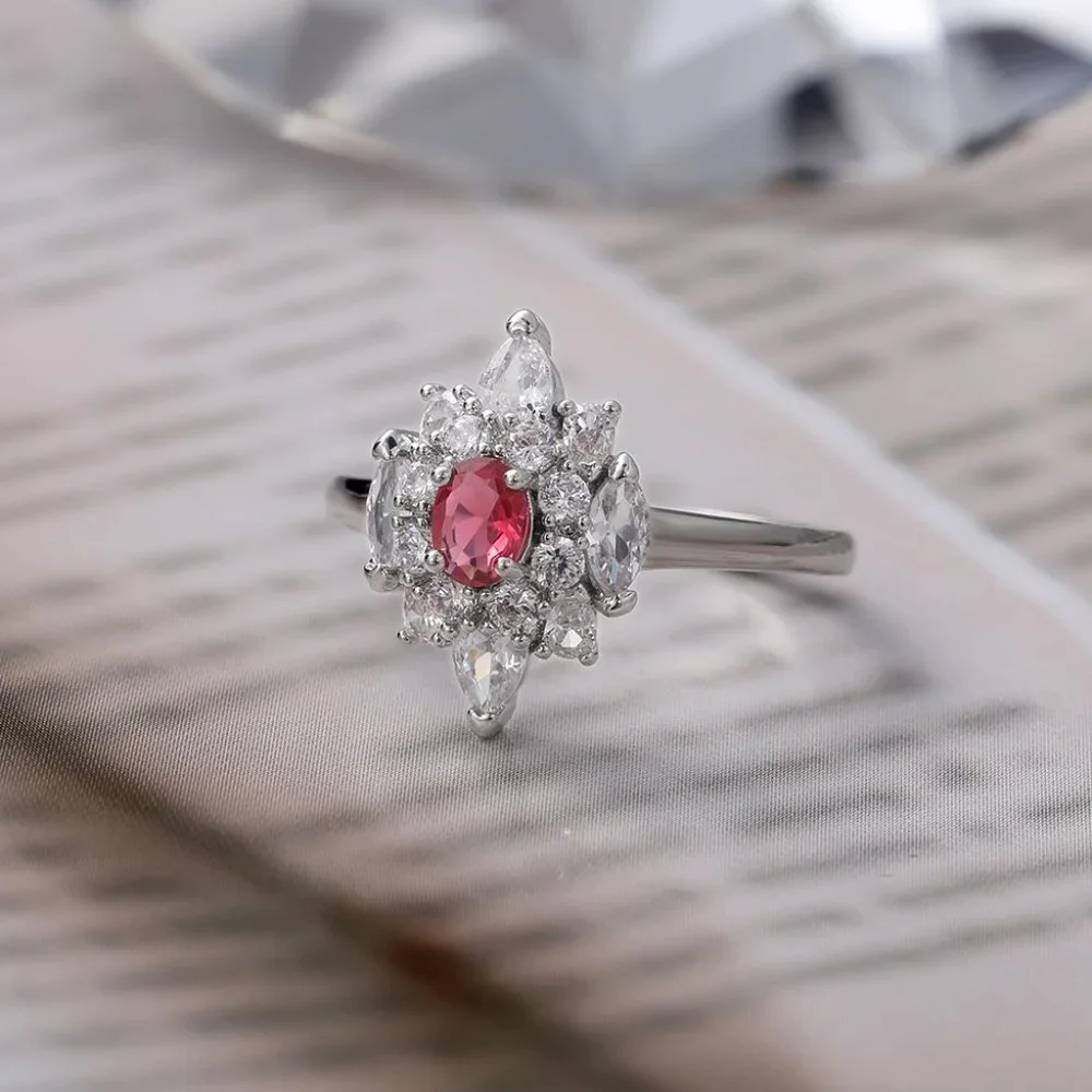 😍LUXURY RUBY OLD MINE DIAMOND NOBLE SILVER SHINY FLOWER DAINTY RING, K920